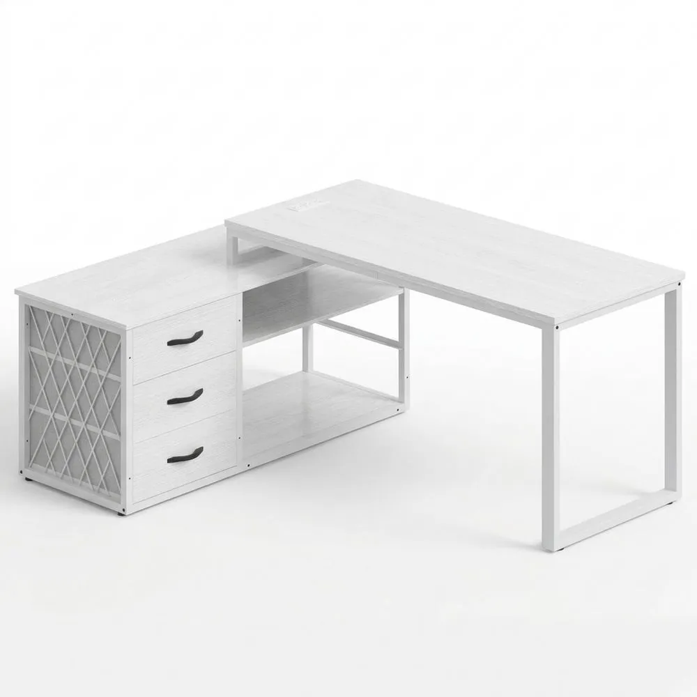 Escritorio Esquinero Reversible 140 x 105 cm con Cajones y Estantería, Mesa de Ordenador con Puertos USB y Enchufes para Oficina en Casa Blanca