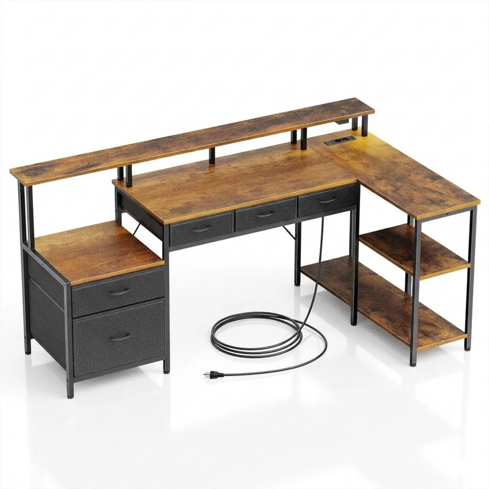 Escritorio en L con Cajones y Luces LED, Mesa de Ordenador con Enchufes y Soporte de Monitor para Oficina y Dormitorio
