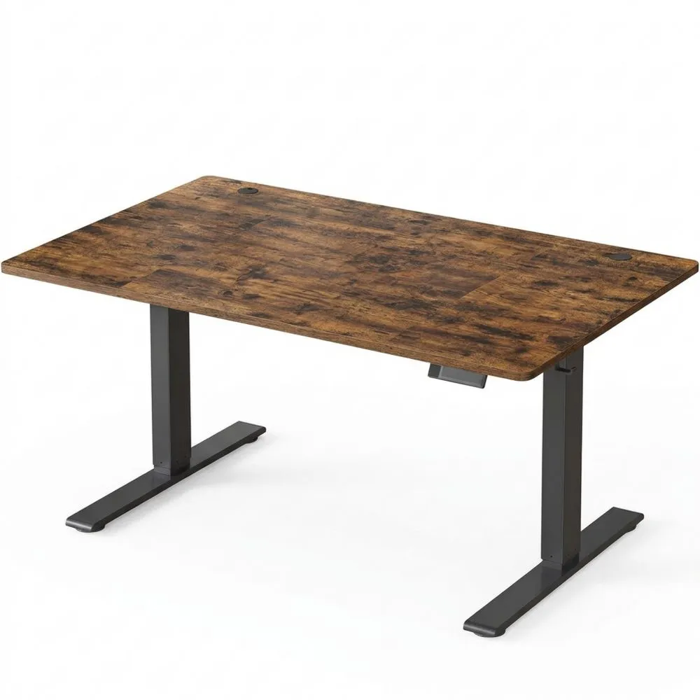 Escritorio Ajustable en Altura 140 x 80 cm, Puerto USB-C, Estante para Regletas, Recordatorio Sedentario, 3 Botones de Memoria, para Oficina, Marrón Rústico