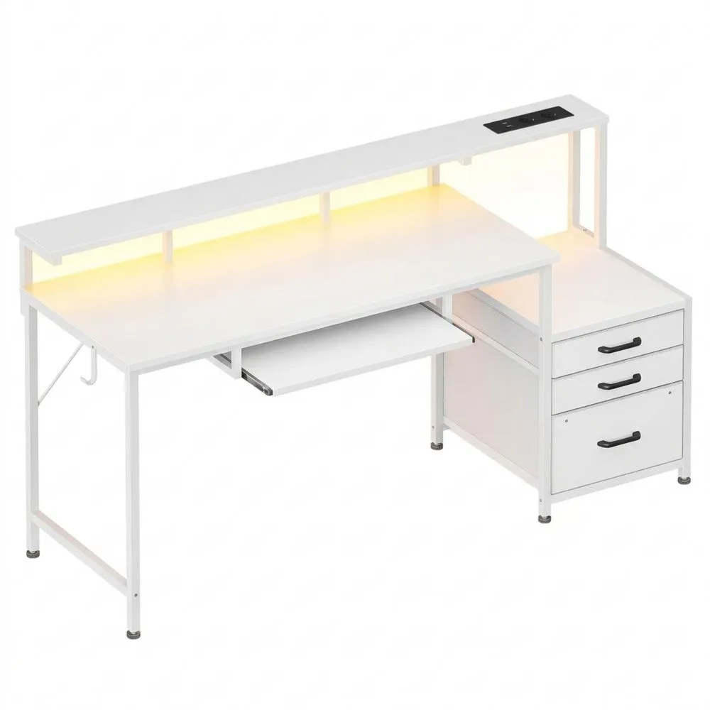 Escritorio Gaming con LED y Cajones de Tela, 140 x 48 cm, Reversible con Conexiones USB y Enchufes, Escritorio con Archivador y Bandeja para Hogar, Blanco