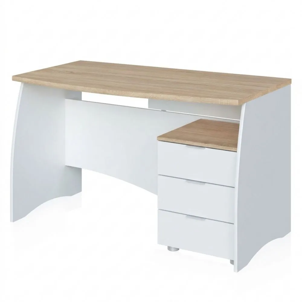 Mesa de escritorio con 3 cajones, para oficina o estudio, acabado en blanco y roble canadiense, dimensiones: 136 cm x 67 cm x 74 cm