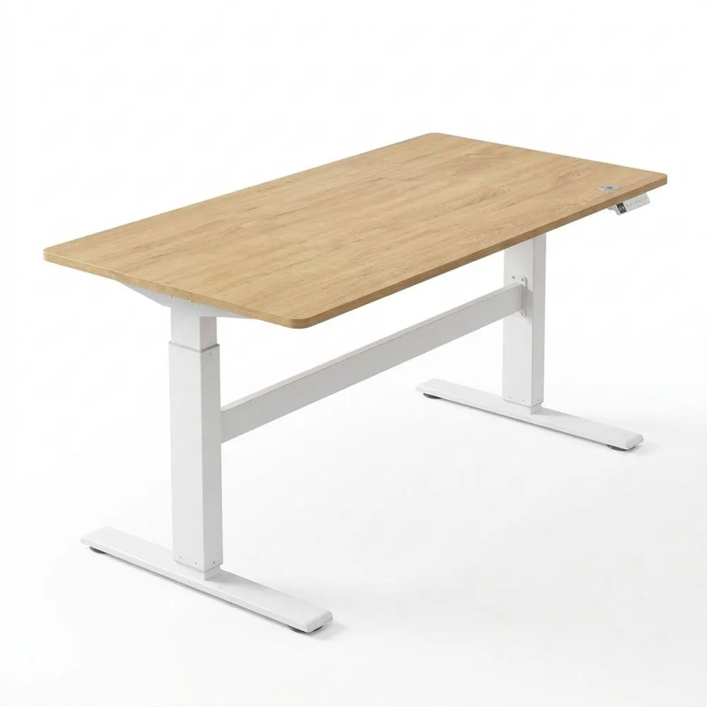 Escritorio Ajustable en Altura, 140 x 80 cm, Puerto USB-C, Estante para Regleta, Recordatorio de Sedentarismo, 3 Botones de Memoria, para Oficina, Roble Dorado