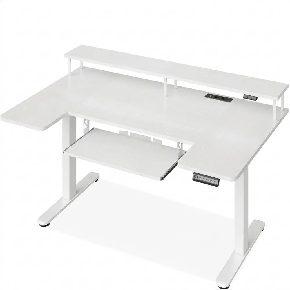 Escritorio Eléctrico Ajustable con Estante, Carga USB y LED, 140 cm, Blanco