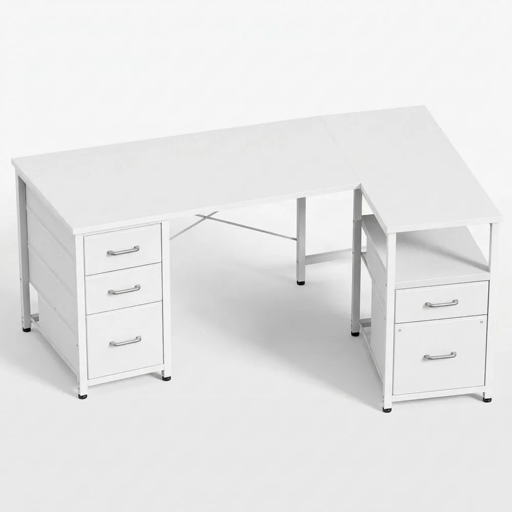 Escritorio Rinconero Reversible con Cajón de Archivos y Puertos USB, Blanco