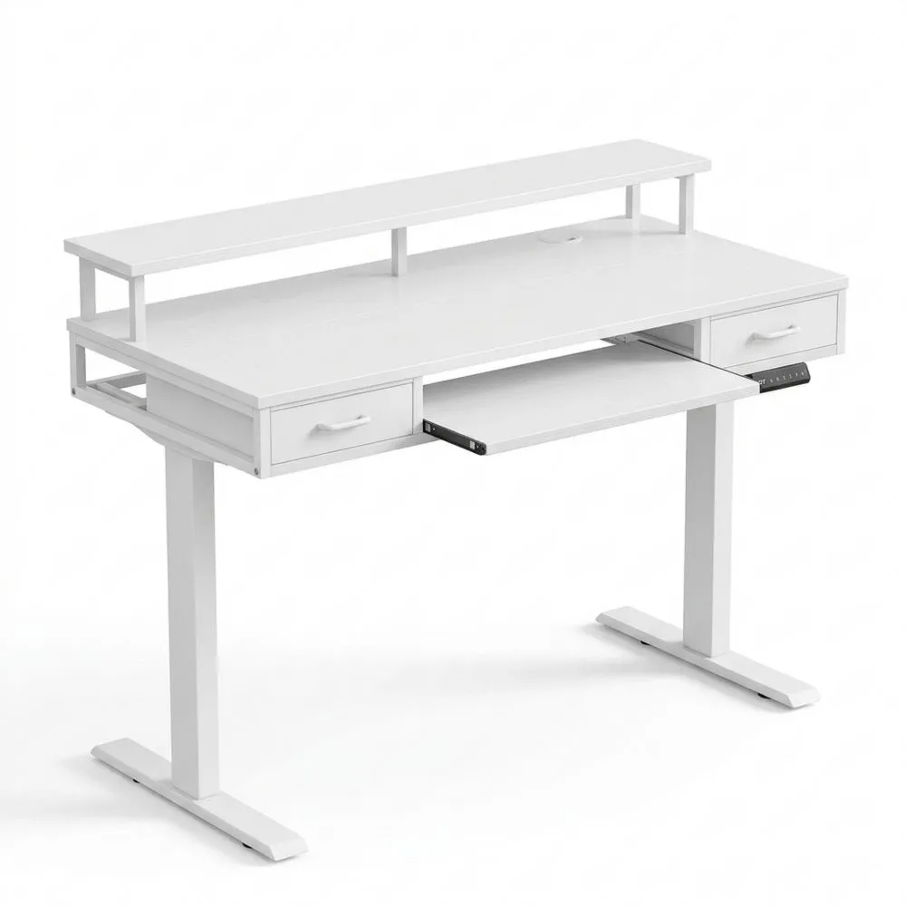 Escritorio Elevable con Cajones y Bandeja para Teclado, Mesa Ajustable en Altura con Soporte para Monitor, Escritorio con Conexiones y Luz LED, Blanco