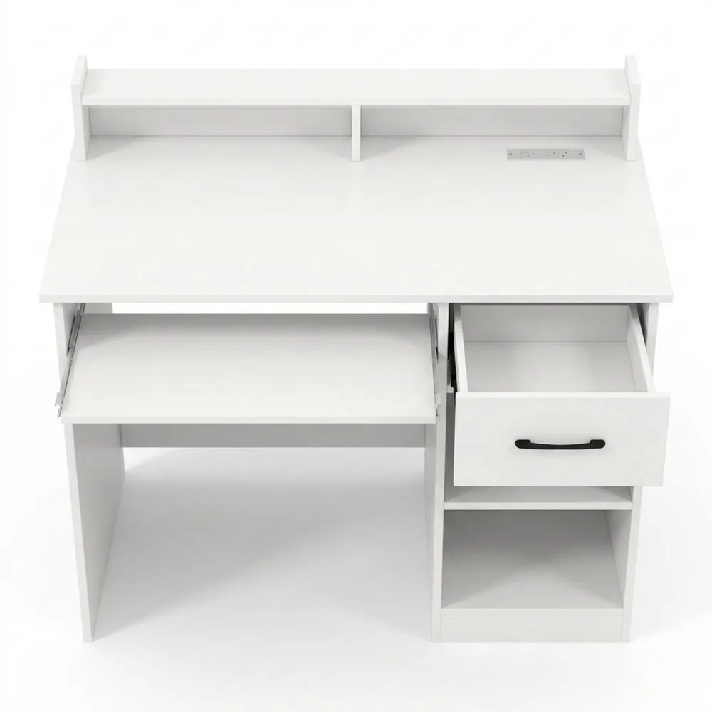 Escritorio de Ordenador con Estación de Carga, Mesa de Estudio 105CM con Estantes y Cajón, Agujero para Gestión de Cables, Escritorio Moderno para Dormitorio, Blanco
