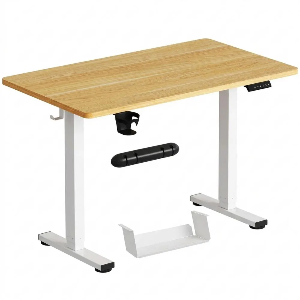 Escritorio Eléctrico Ajustable en Altura 110x54cm con Gancho y Porta Botellas, Función de Memoria, para Oficina o Hogar (Arce)