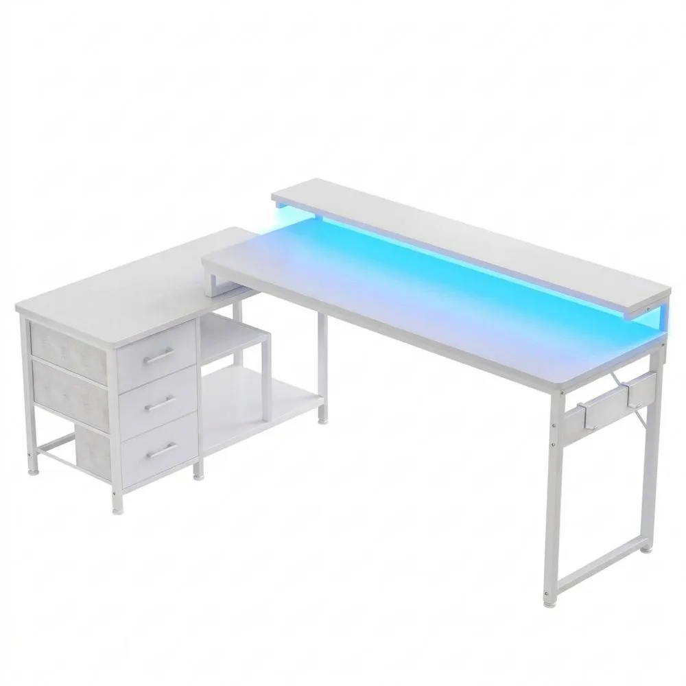 Escritorio en L con 4 Cajones y LED, Mesa de Juego con Puertos USB y Enchufe