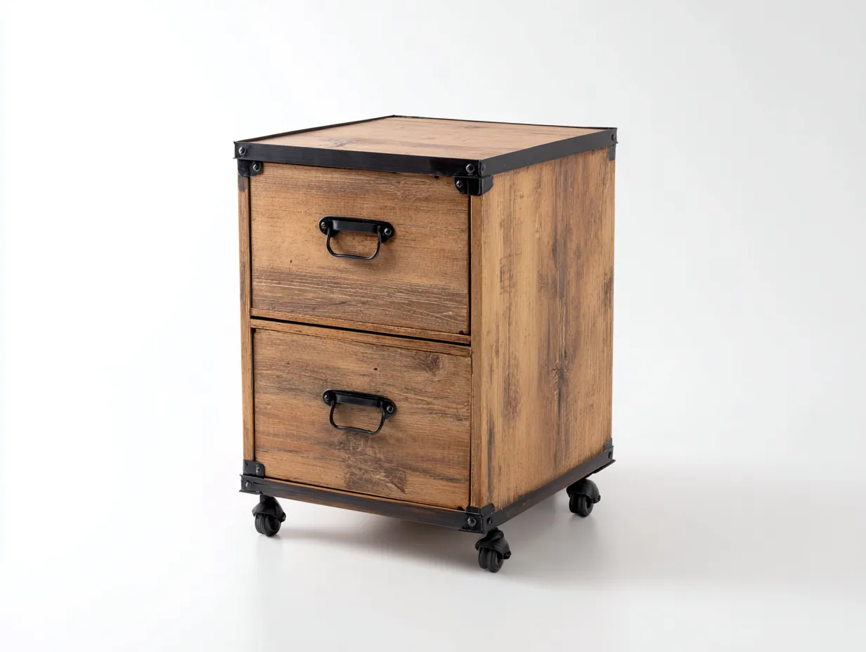Archivador industrial con ruedas 2 cajones 40 x 50 x 68 cm - madera envejecida y metal negro - para oficina y estudio - estilo vintage robusto-Lodilihome