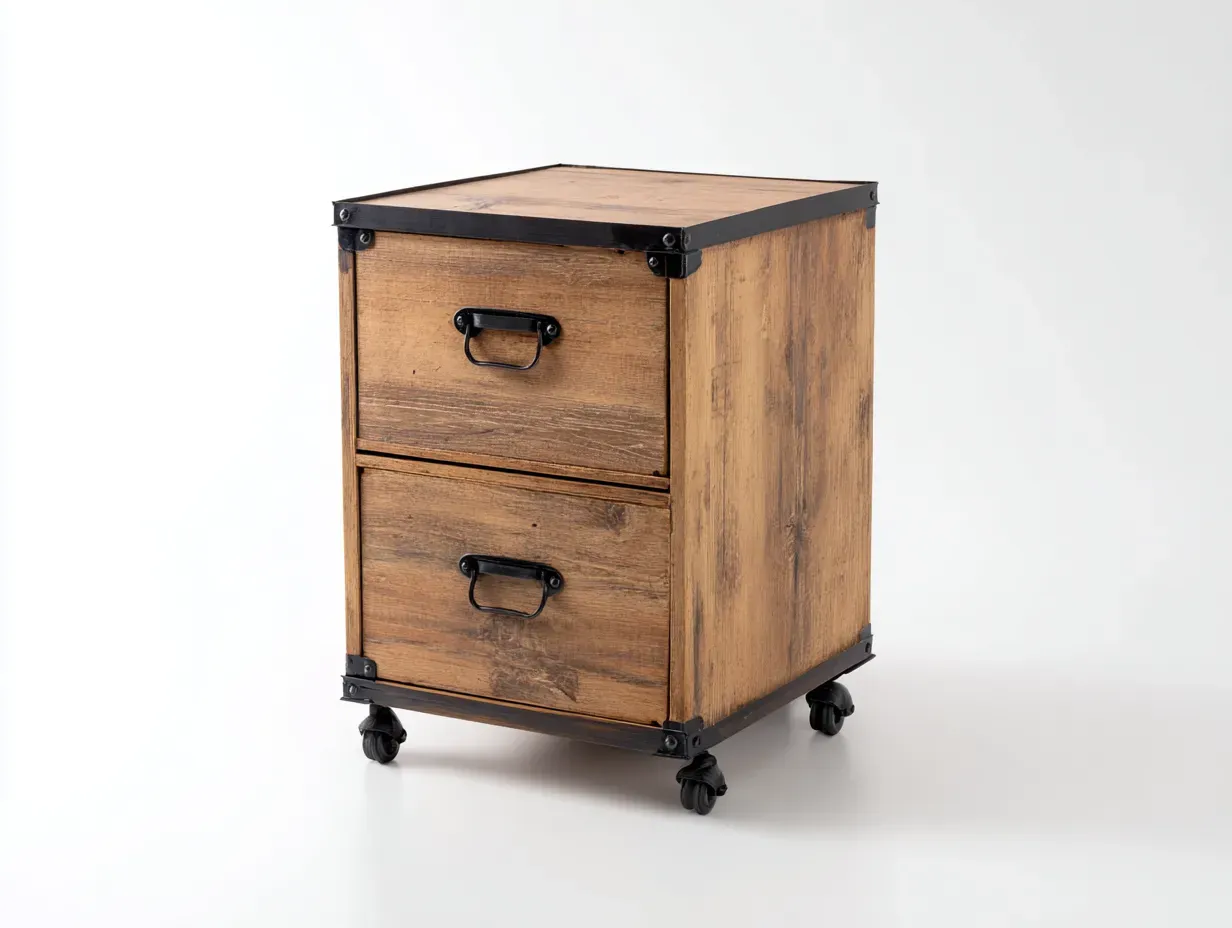 Archivador industrial con ruedas 2 cajones 40 x 50 x 68 cm - madera envejecida y metal negro - para oficina y estudio - estilo vintage robusto-Lodilihome