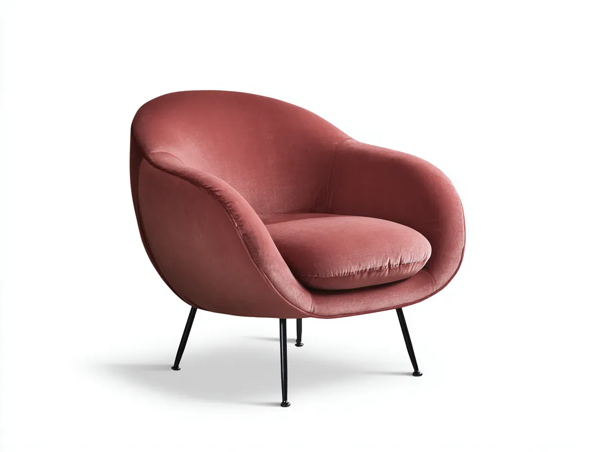 Sillón en terciopelo 87 x 80 x 78 cm - rosa arcilla y negro - para salón - estilo envolvente con respaldo curvo, cojín suelto y patas metálicas finas-Lodilihome