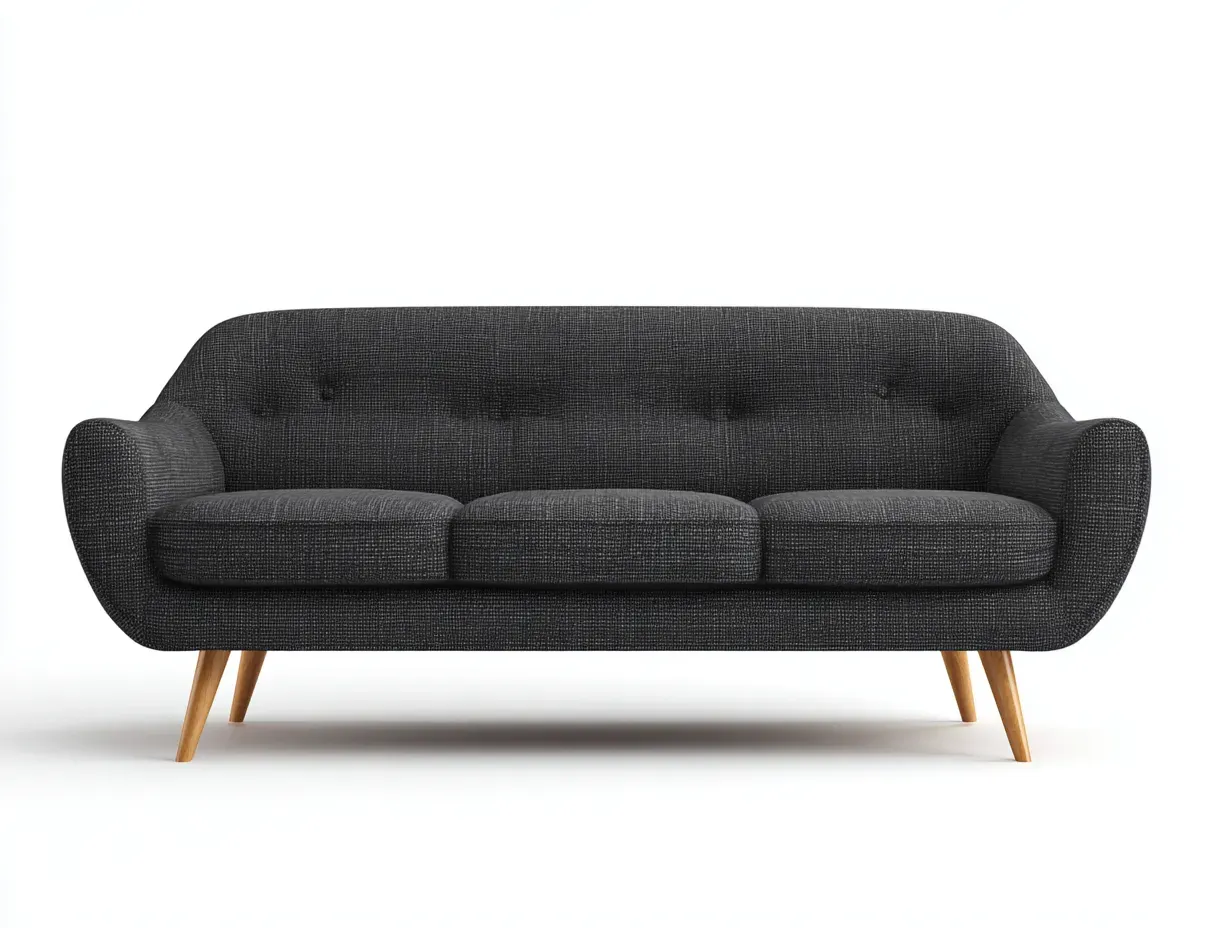 Sofá de 3 plazas de tela gris oscuro con respaldo capitoné y patas de madera clara 208 x 84 x 83 cm - para salón - estilo nórdico y contemporáneo-Lodilihome
