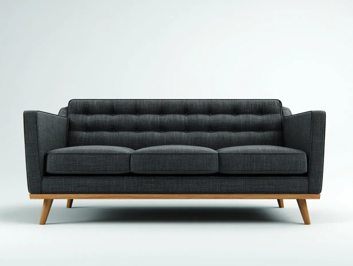 Sofá de 3 plazas de tela gris antracita con respaldo capitoné y base de madera vista 215 x 87 x 86 cm - para salón - estilo escandinavo contemporáneo-Lodilihome