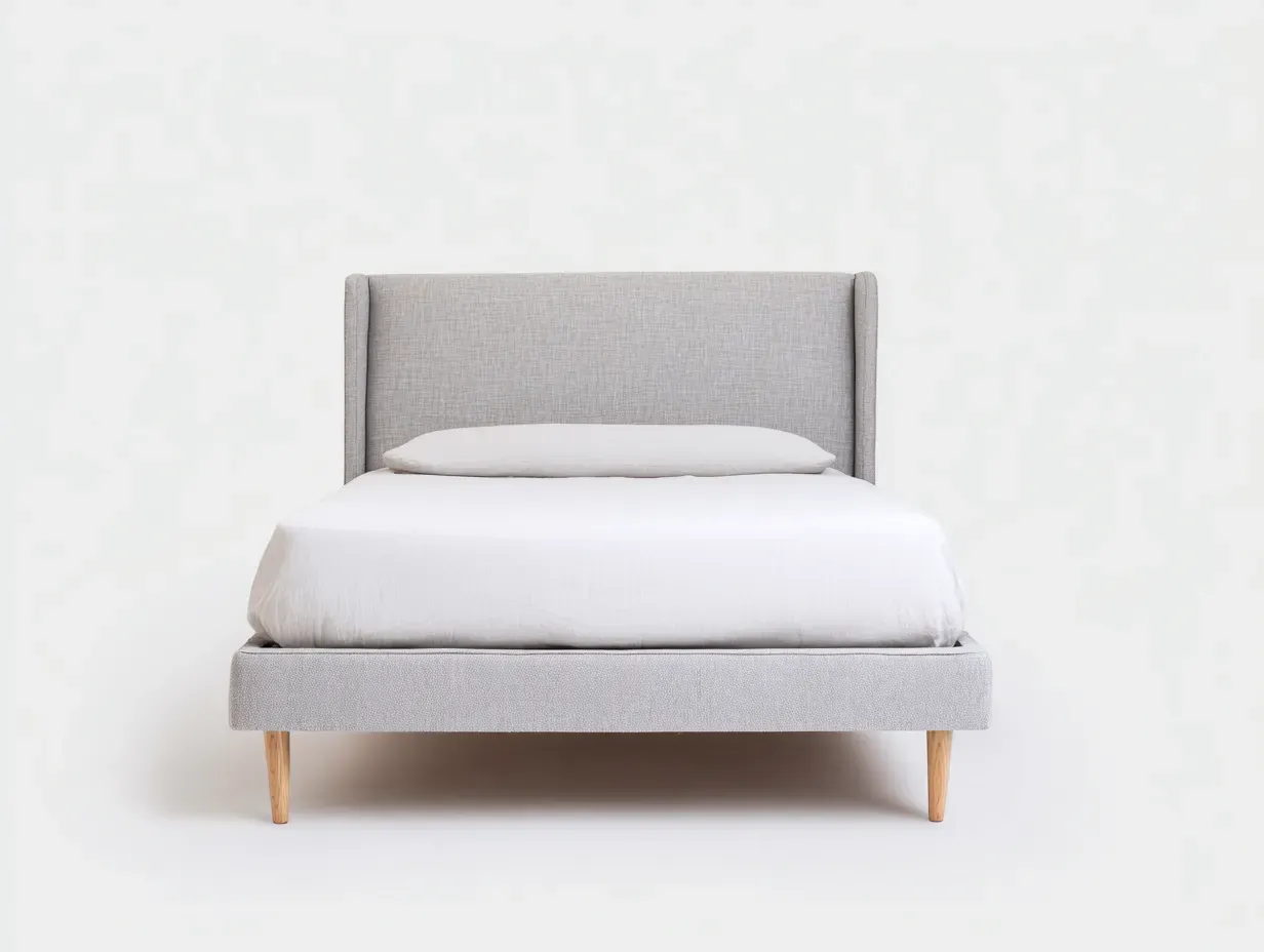 Cama individual tapizada en tejido gris claro con cabecero envolvente y patas de madera 200 x 90 x 112 cm - para dormitorio - estilo moderno y sereno-Davexninest