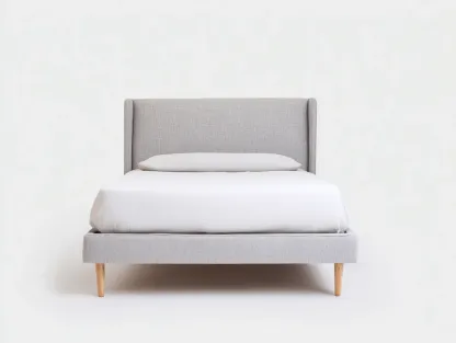 Cama individual tapizada en tejido gris claro con cabecero envolvente y patas de madera 200 x 90 x 112 cm - para dormitorio - estilo moderno y sereno-Davexninest
