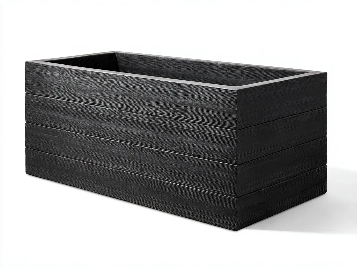 Macetero rectangular 85 x 32 x 30 cm - plástico negro textura madera - para exterior - diseño moderno efecto natural-Davexninest