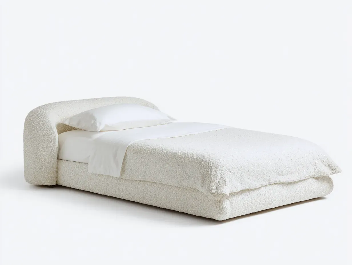 Cama individual tapizada en tejido bouclé marfil con cabecero curvo 200 x 90 x 92 cm - para dormitorio - estilo orgánico y envolvente-Davexninest