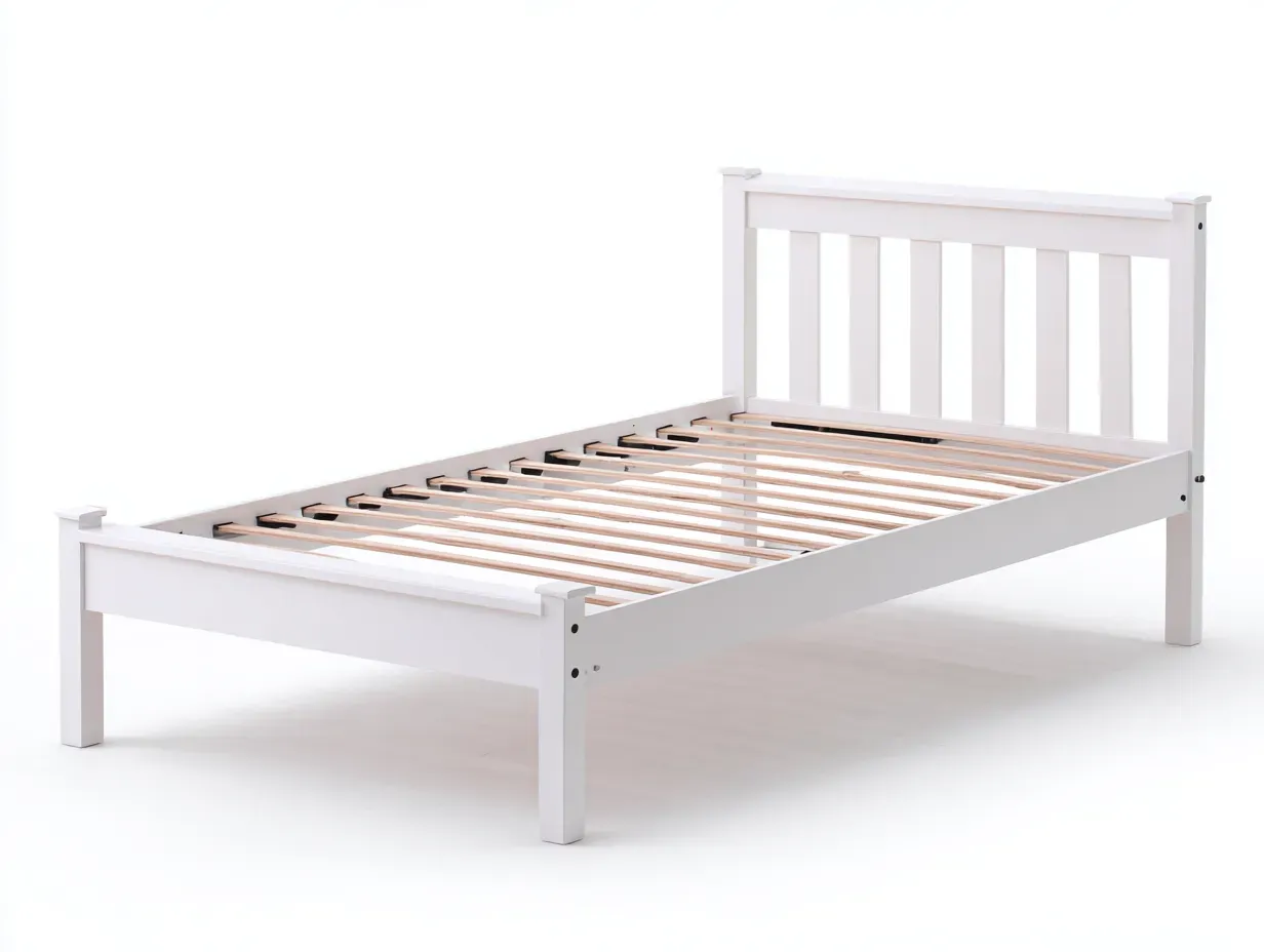 Cama individual de madera blanca con cabecero de barrotes y somier de láminas  200 x 90 x 96 cm - para dormitorio - estilo sencillo y atemporal-Davexninest