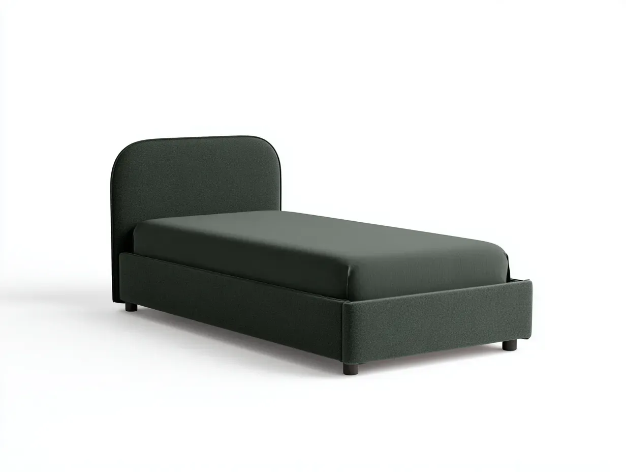 Cama individual tapizada en tejido verde oscuro con cabecero redondeado 200 x 90 x 100 cm - para dormitorio - estilo moderno y sereno-Davexninest