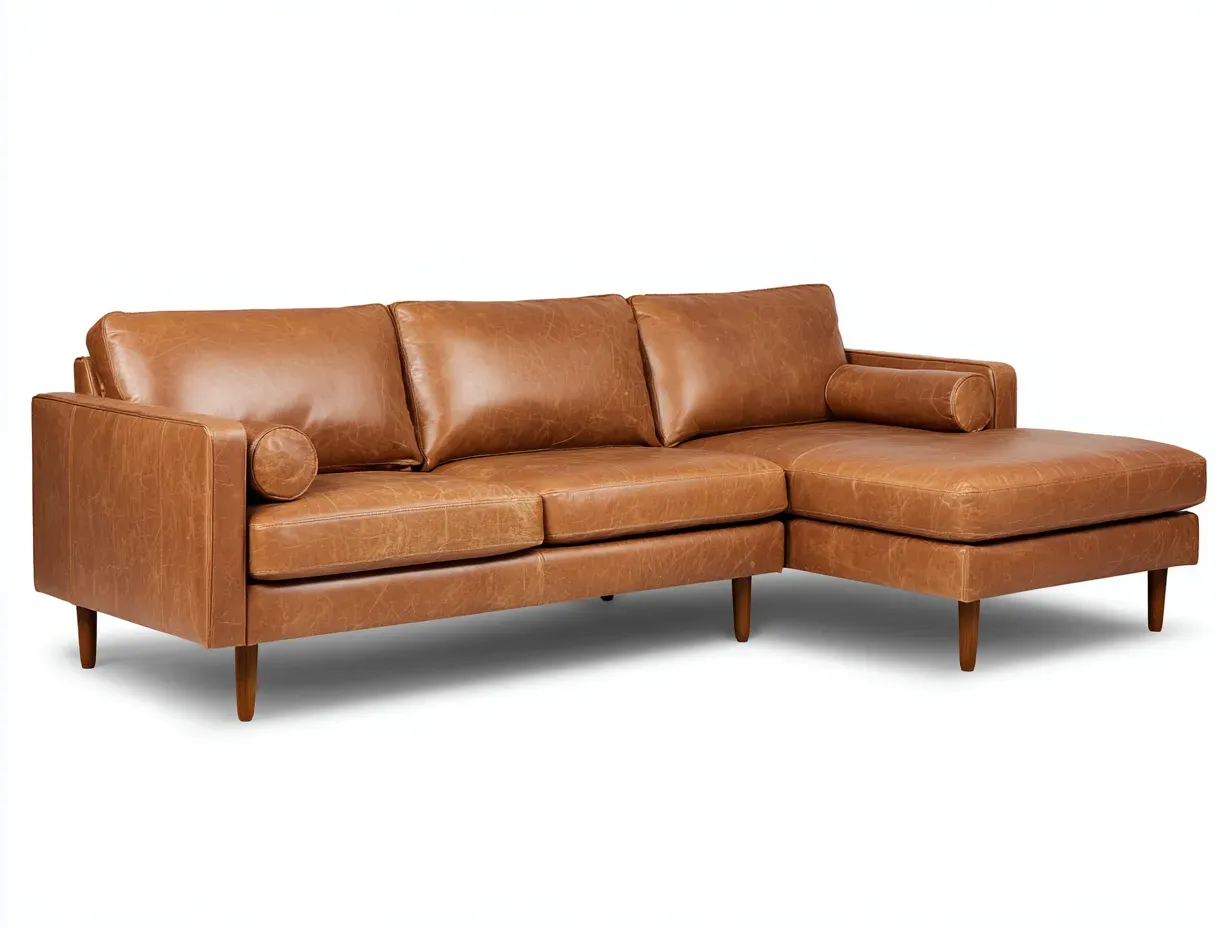 Sofá rinconero en cuero sintético 238 x 154 x 84 cm - camel y cuero medio - para salón - estilo contemporáneo con cojines amplios y patas de madera-Davexninest