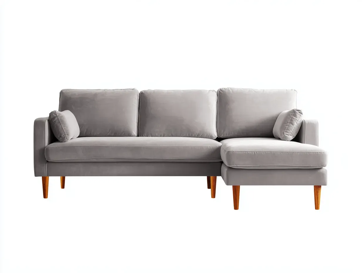 Sofá rinconero en terciopelo 228 x 148 x 84 cm - gris niebla y roble medio - para salón - estilo actual con chaise longue lateral, cojines de respaldo amplios y patas de madera cónicas-Davexninest