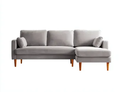 Sofá rinconero en terciopelo 228 x 148 x 84 cm - gris niebla y roble medio - para salón - estilo actual con chaise longue lateral, cojines de respaldo amplios y patas de madera cónicas-Davexninest