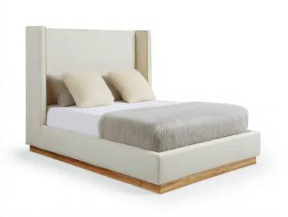 Cama individual tapizada en tejido crema con cabecero alto y base de madera natural 200 x 90 x 138 cm - para dormitorio - estilo cálido y elegante-Davexninest