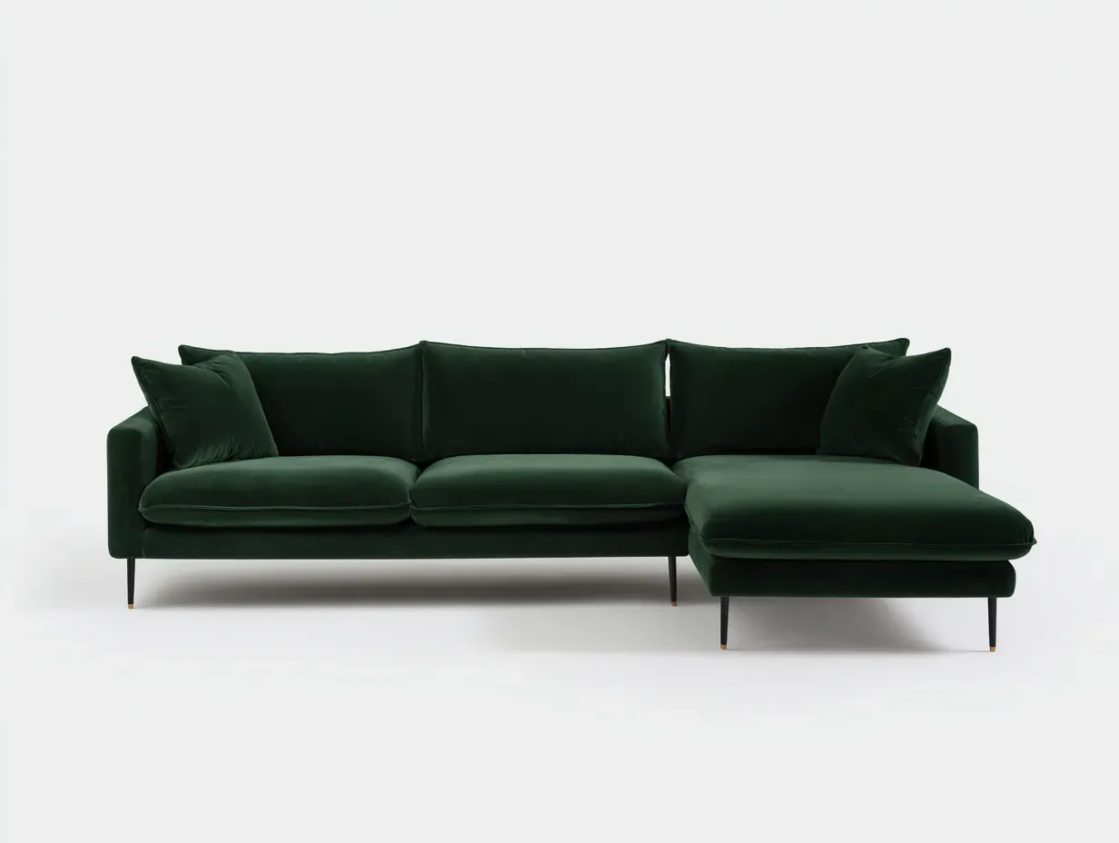 Sofá rinconero en terciopelo 242 x 156 x 83 cm - verde bosque y negro - para salón - estilo contemporáneo con chaise longue amplia y patas metálicas finas-Davexninest