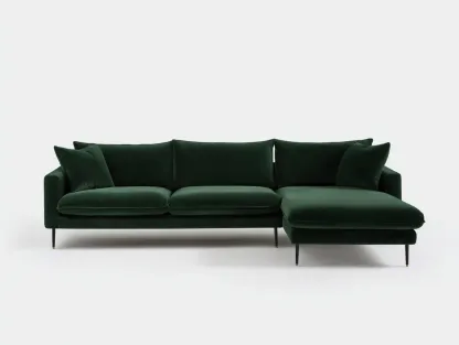 Sofá rinconero en terciopelo 242 x 156 x 83 cm - verde bosque y negro - para salón - estilo contemporáneo con chaise longue amplia y patas metálicas finas-Davexninest