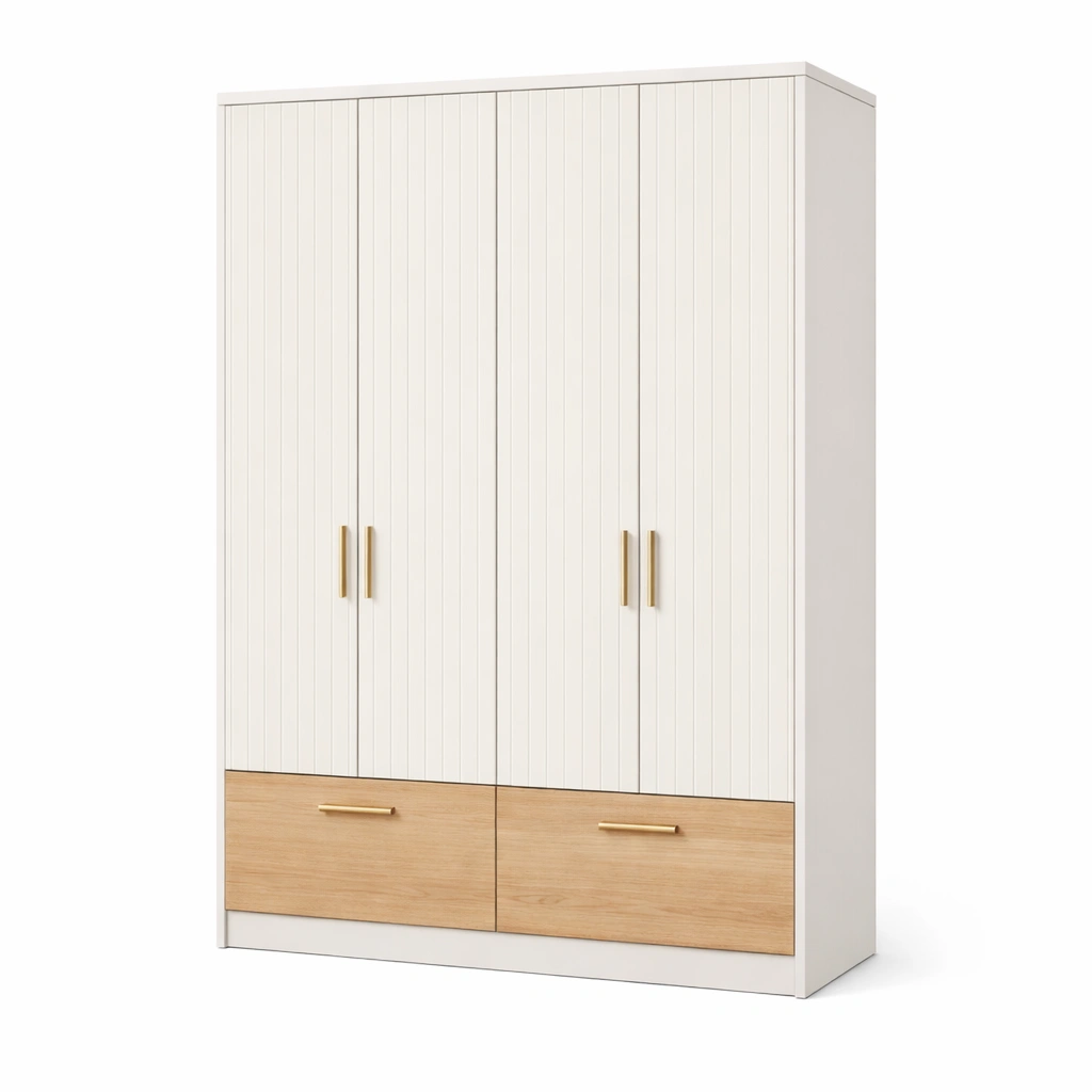 Kleiderschrank holzwerkstoff weiß eichenoptik 180x200x60cm vier türen zwei schubladen-NESTKORA