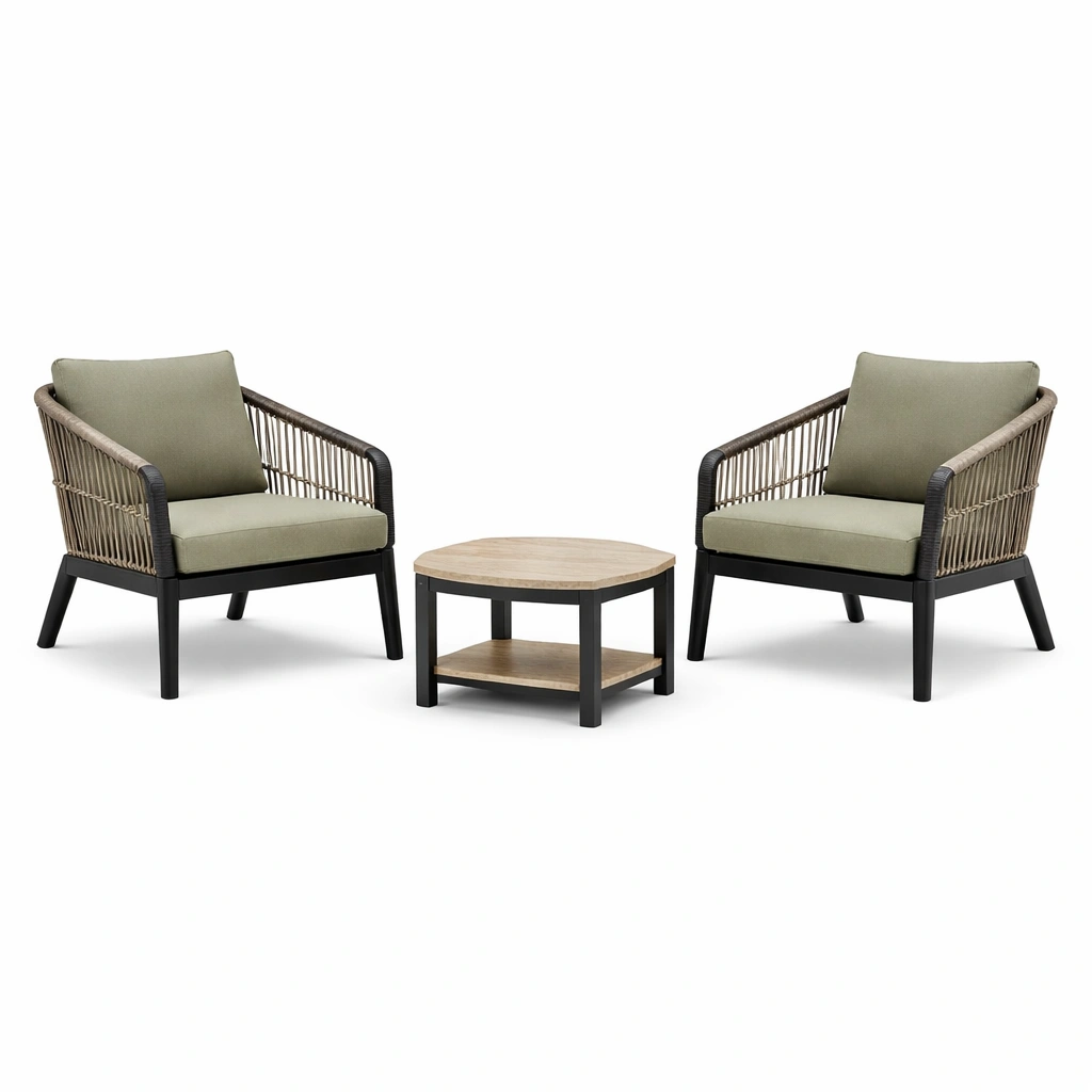 Loungeset mit seilgeflecht sessel olivgrün schwarz aluminium akazienholz-NESTKORA