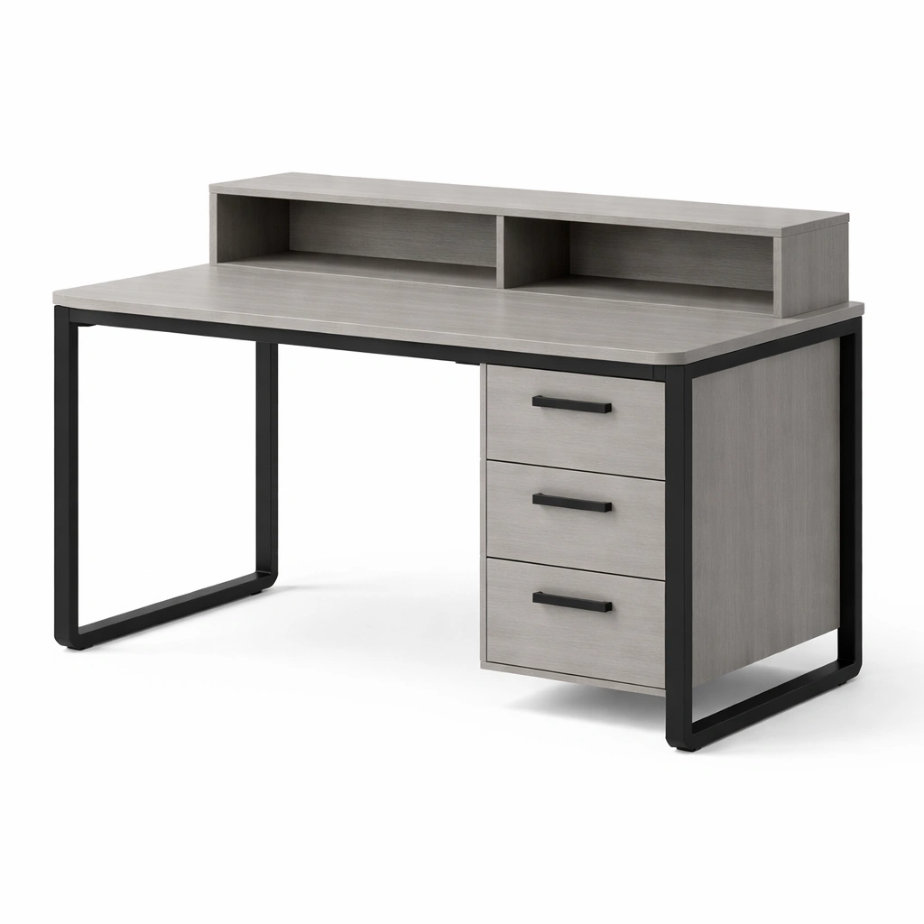 Schreibtisch holz metall mit schubladen und regal grau-NESTKORA