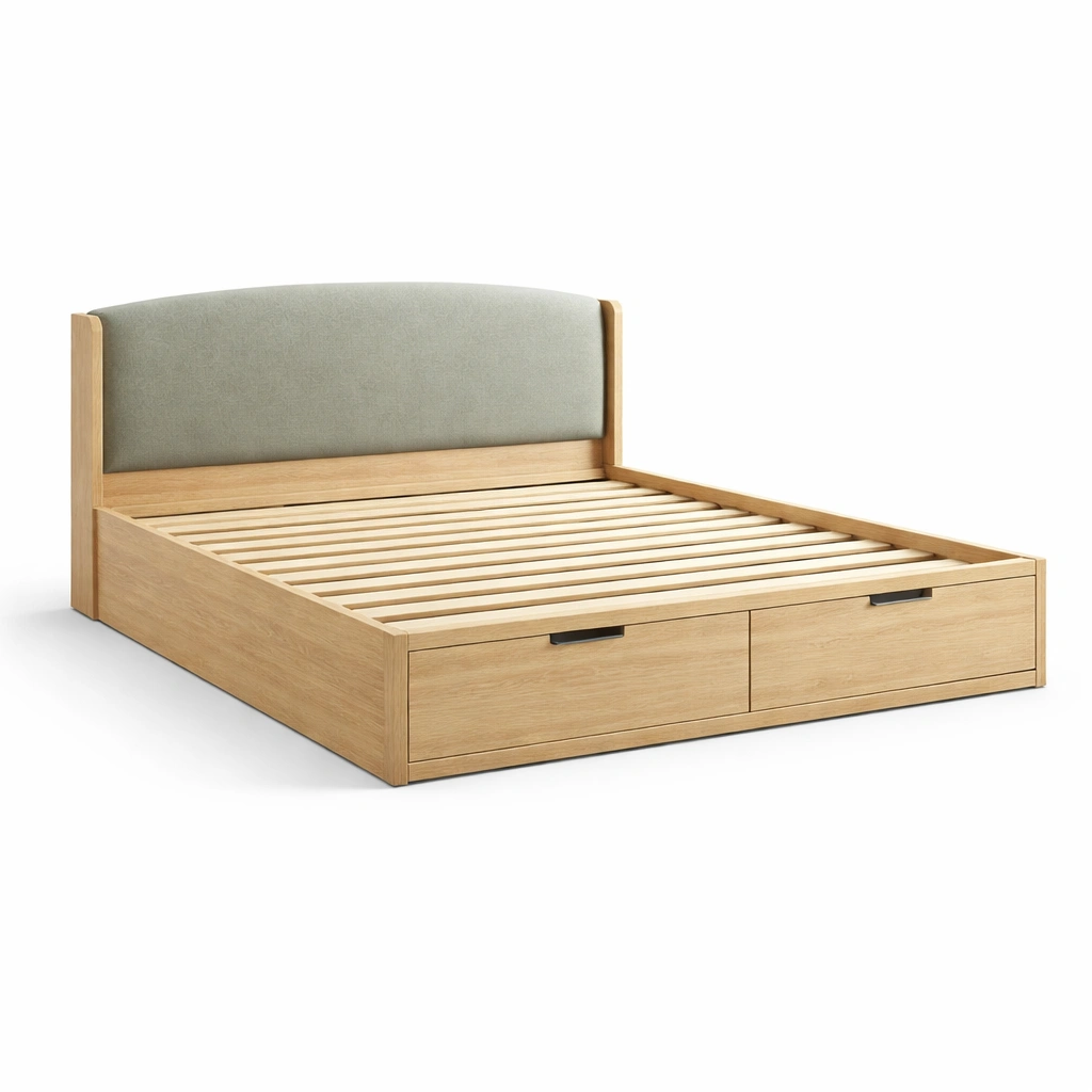 Bett mit stauraum aus holz mit polsterkopfteil beige-FURNLUMO