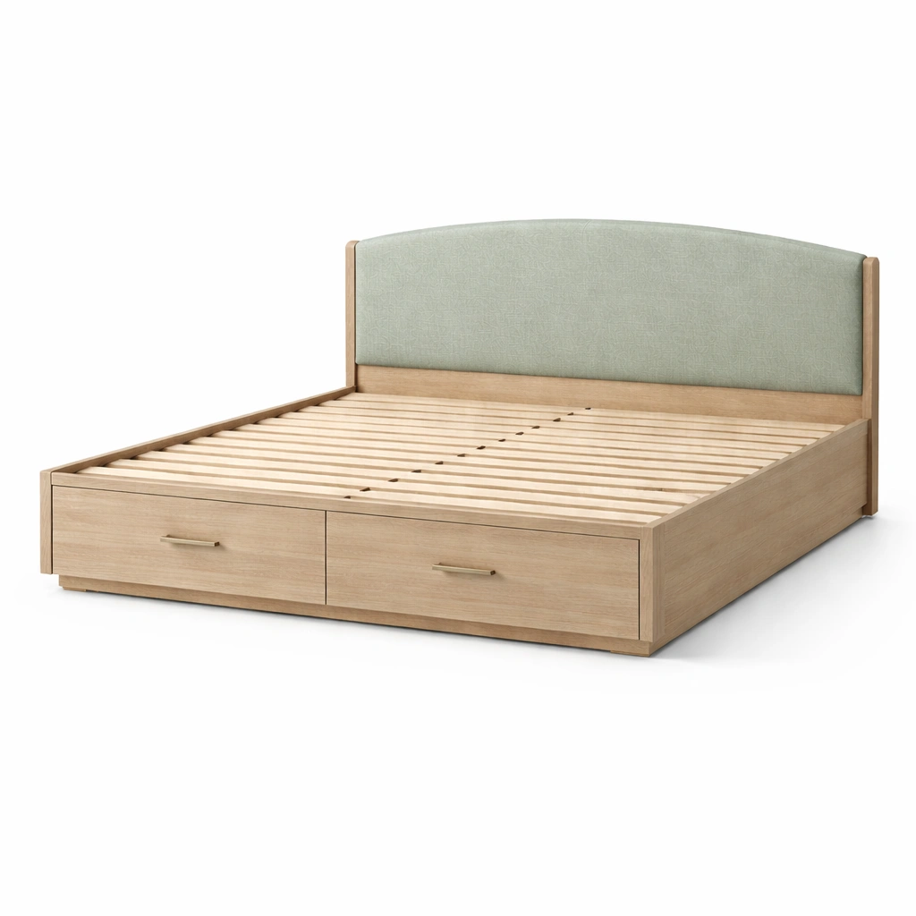 Bett mit stauraum aus eichenholz mit leinenkopfteil-FURNLUMO