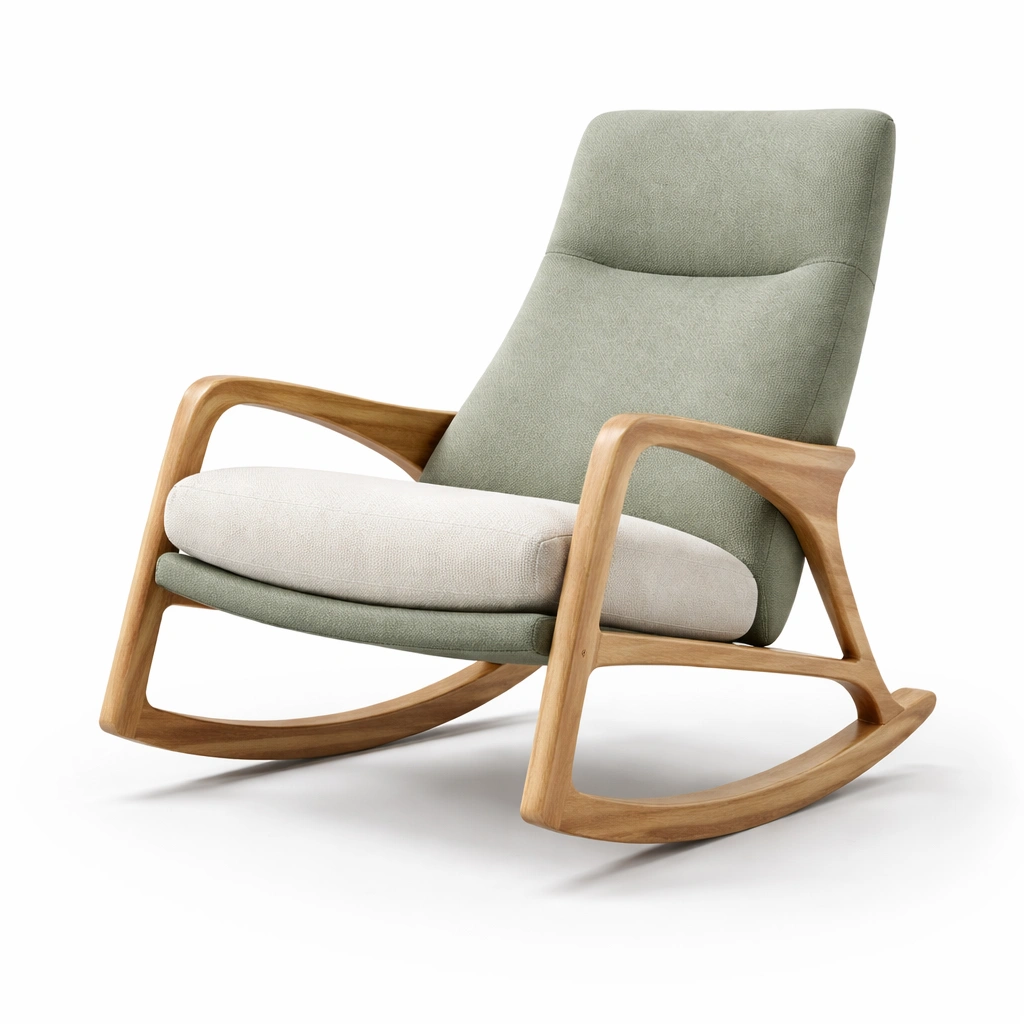 Schaukelstuhl massivholzrahmen leinenstoff grün beige-FURNLUMO
