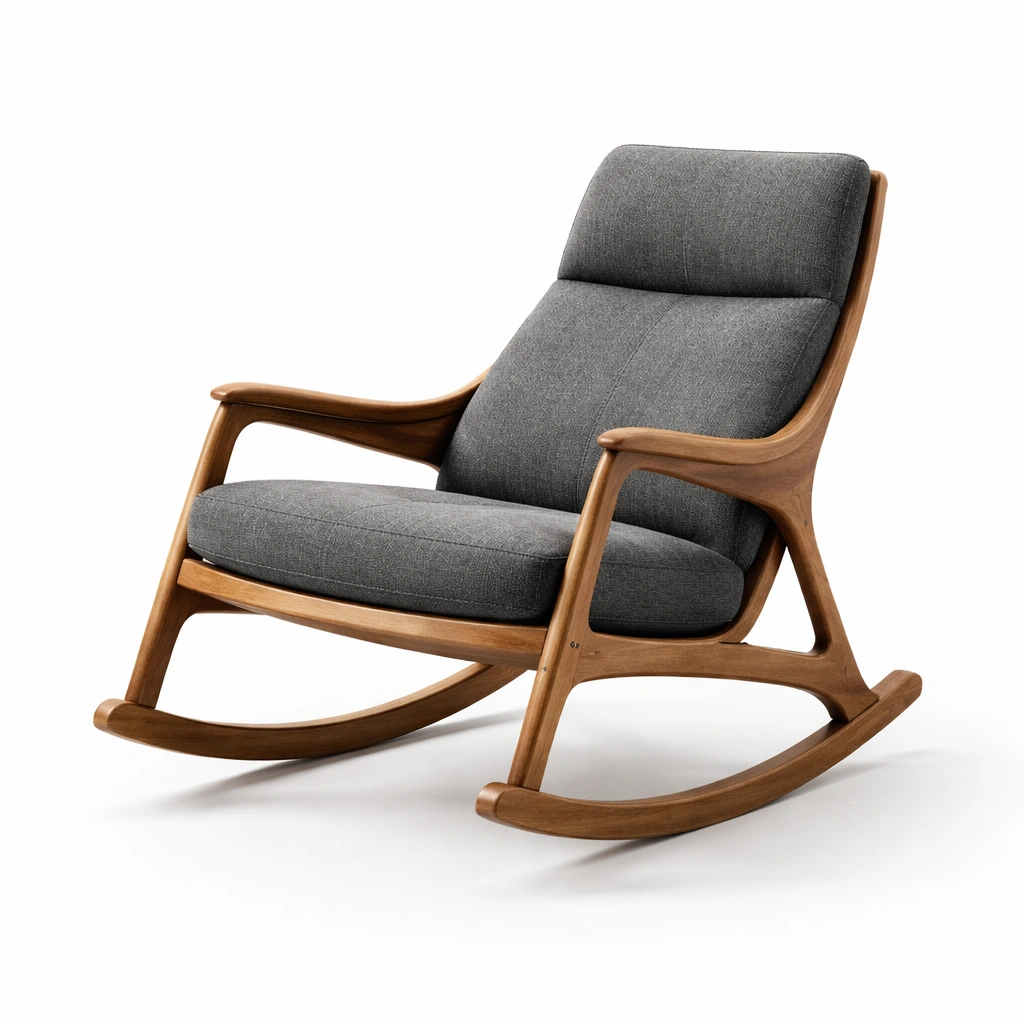 Schaukelstuhl holzrahmen grauer stoffbezug-FURNLUMO