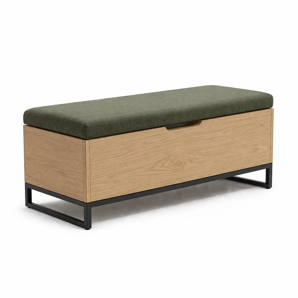 Sitzbank mit stauraum holz mit grünem polsterkissen und metallrahmen-FURNLUMO