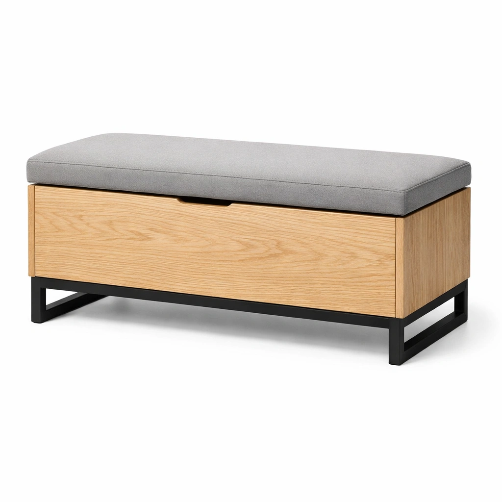 Sitzbank mit stauraum holz aufbewahrungsbank mit metallrahmen und polyester sitz grau-FURNLUMO
