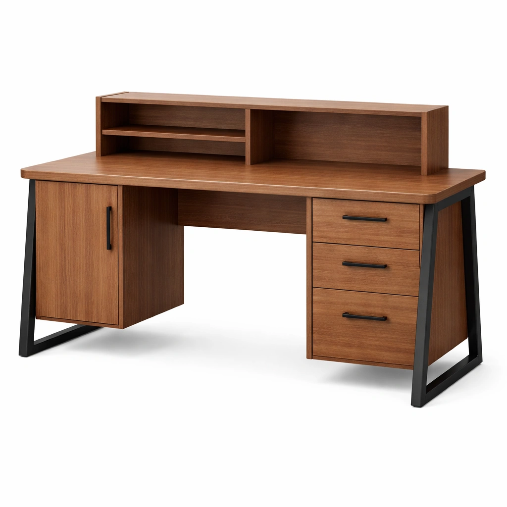 Schreibtisch mdf holzfurnier stahlrahmen mit schubladen-FURNLUMO