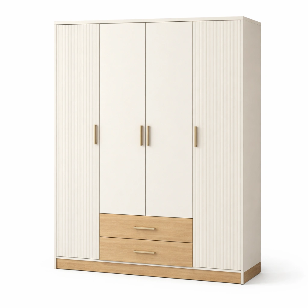 Kleiderschrank weiß spanplatte mit holzakzenten drei türen zwei schubladen-HOMLUMO