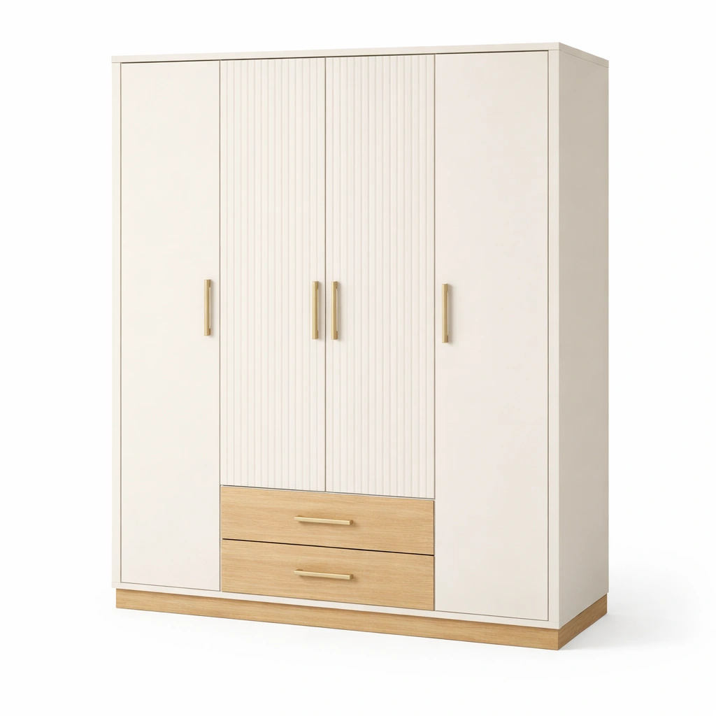 Kleiderschrank holz weiß mit vier türen und zwei schubladen-HOMLUMO
