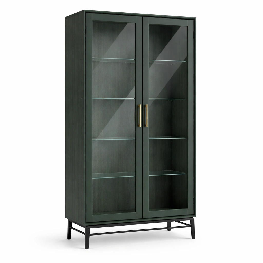 Vitrine metall eichenholz mit glastüren dunkelgrün 80x40x180cm-HOMLUMO