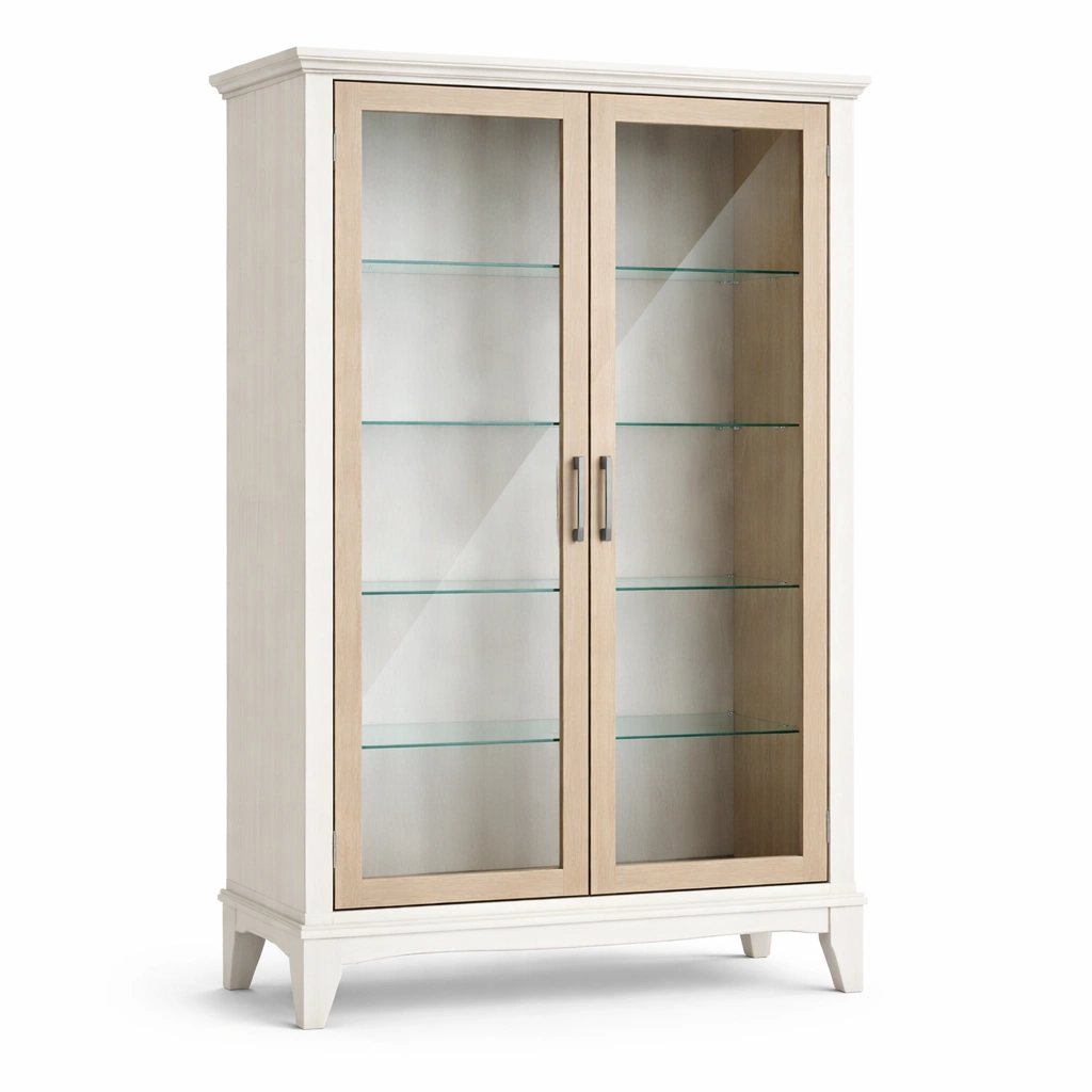 Vitrine massivholz beige mit glasregalen-HOMLUMO