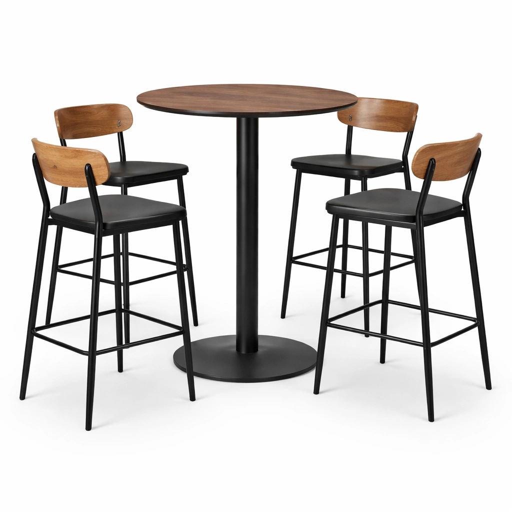 Barset runder tisch mit barhockern walnussholz stahl schwarz-HOMLUMO