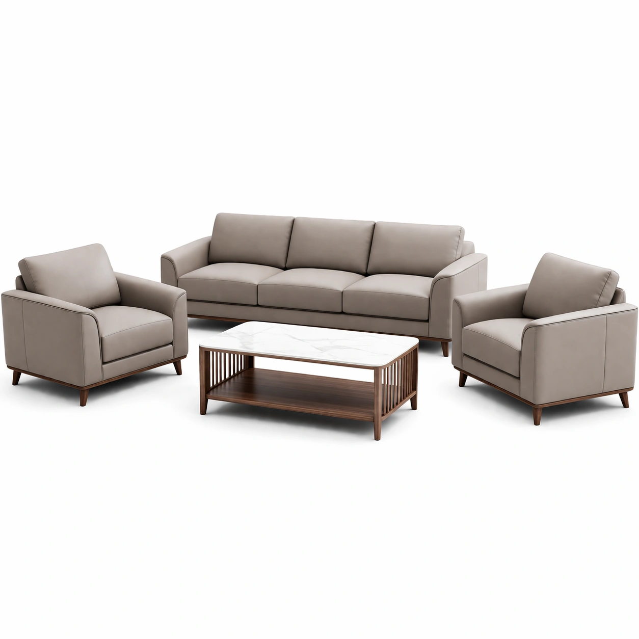 Sofaset mit sofa und sessel mit couchtisch hellbraun pu leder kunstmarmor-HOMLUMO