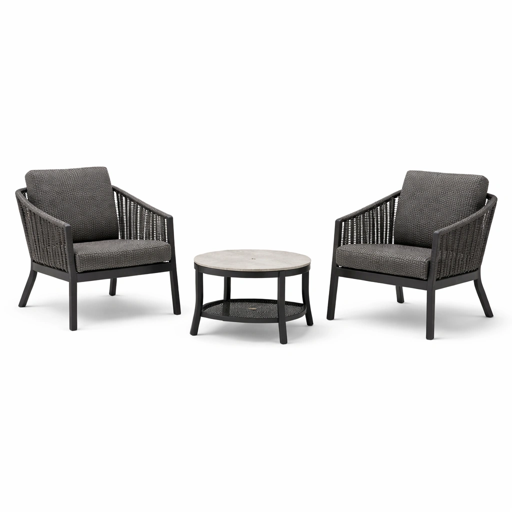 Loungeset aus aluminium mit rattansessel und tisch mit betonplatte grau-HOMLUMO