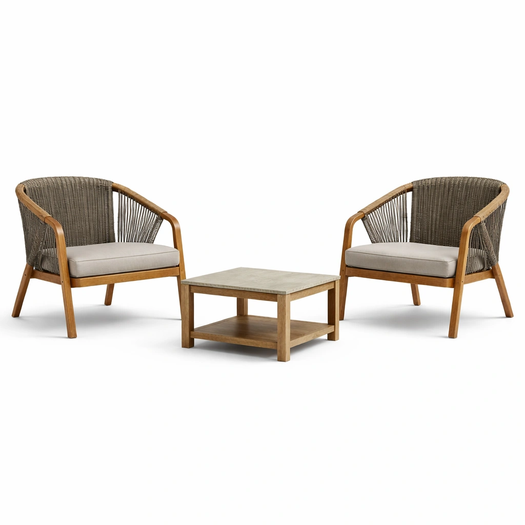 Loungeset teakholz mit rattanseil und betontischplatte-HOMLUMO