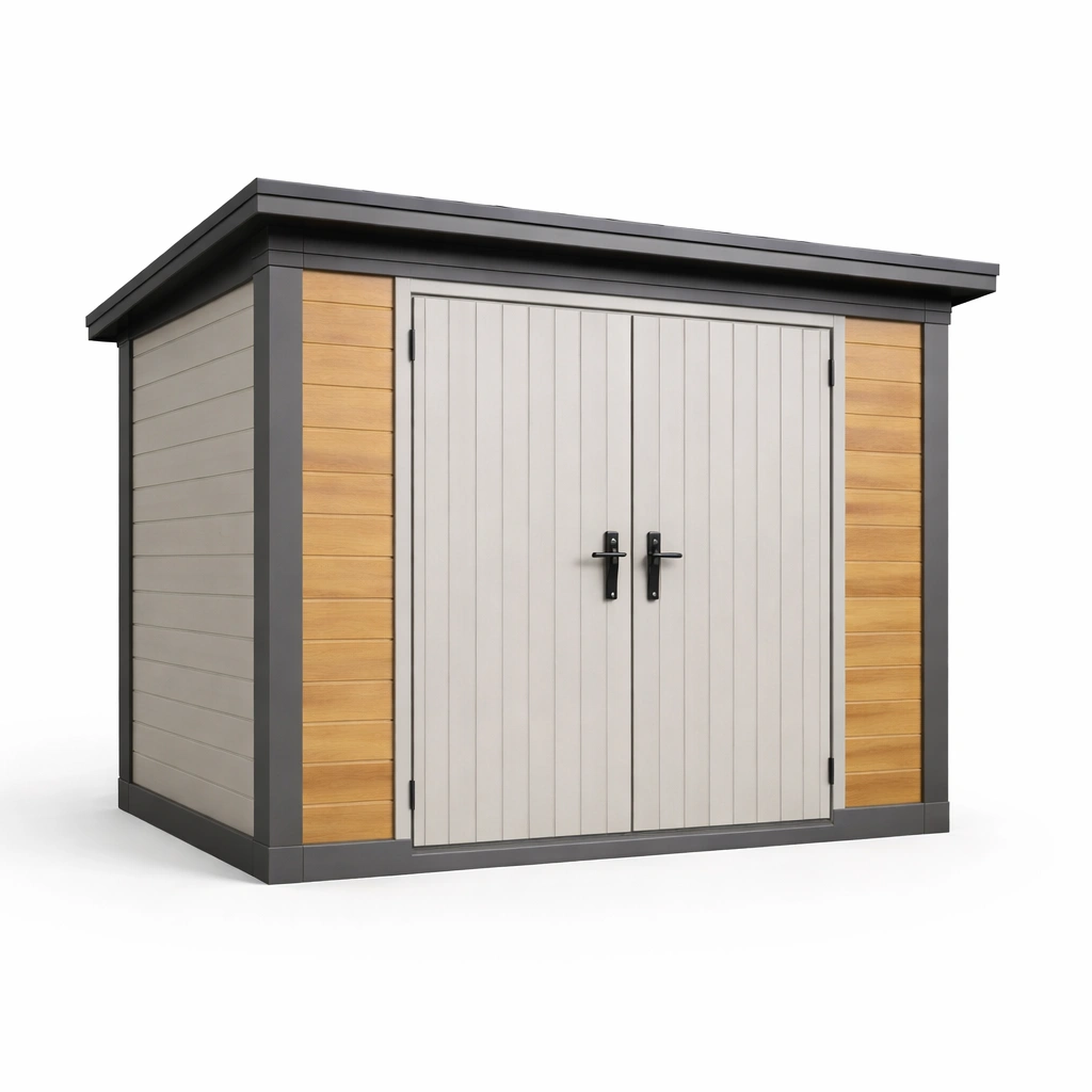 Gartenhaus aus kunststoff und metall mit flachdach grau braun 305x185x222 cm-HOMLUMO