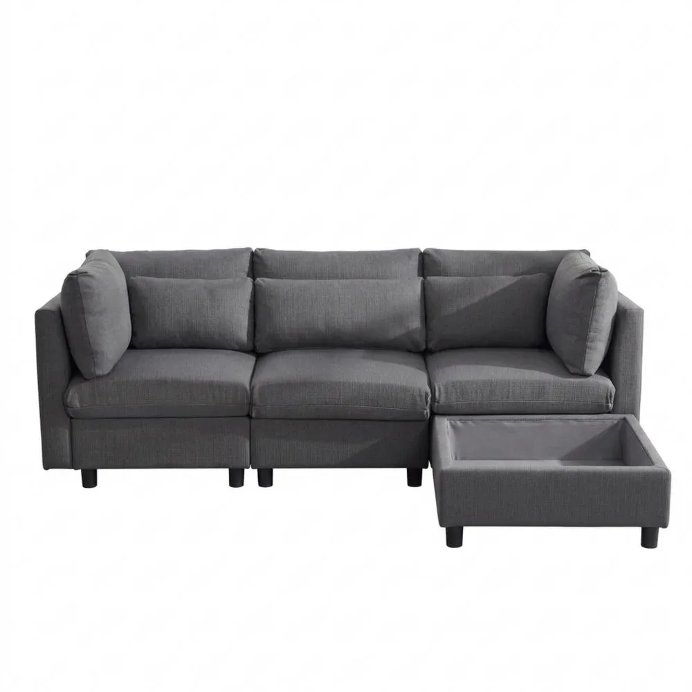 Sofá rinconero en L con reposapiés, tres plazas, diseño moderno, tapizado, color gris