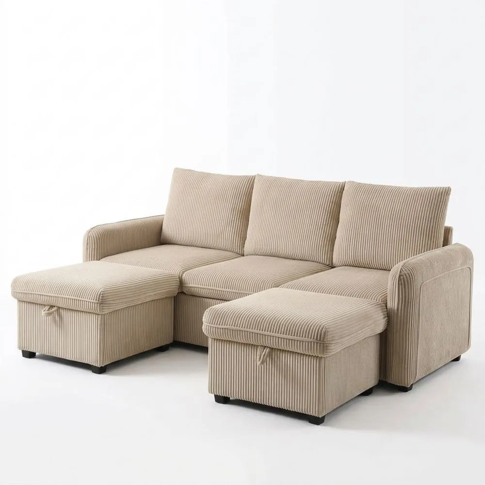 Sofá Esquinero en Forma de U con Taburetes y Cajones, Tapizado de Corderoy, Conjunto Multifuncional para Hogar